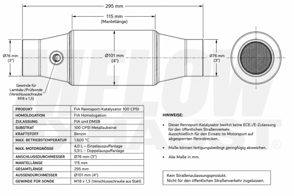 Rennsport-Katalysator FIA 100 CPSI (100 Zellen) 76mm