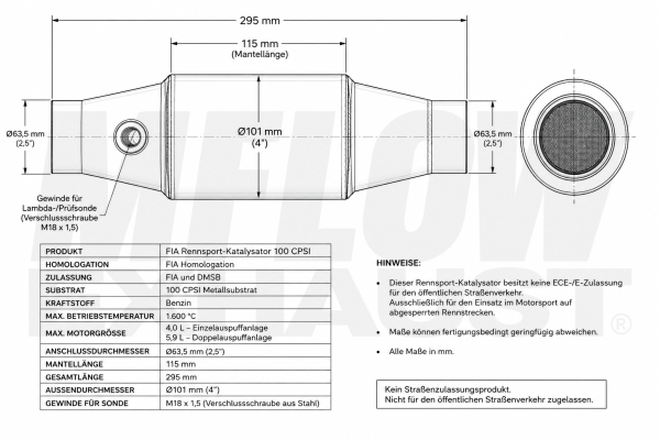 Rennsport-Katalysator FIA 100 CPSI (100 Zellen) 63,5mm