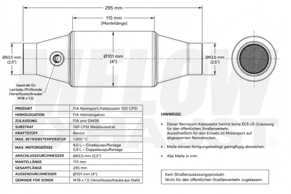 Rennsport-Katalysator FIA 100 CPSI (100 Zellen) 63,5mm