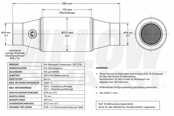 Rennsport-Katalysator FIA 100 CPSI (100 Zellen) 76mm
